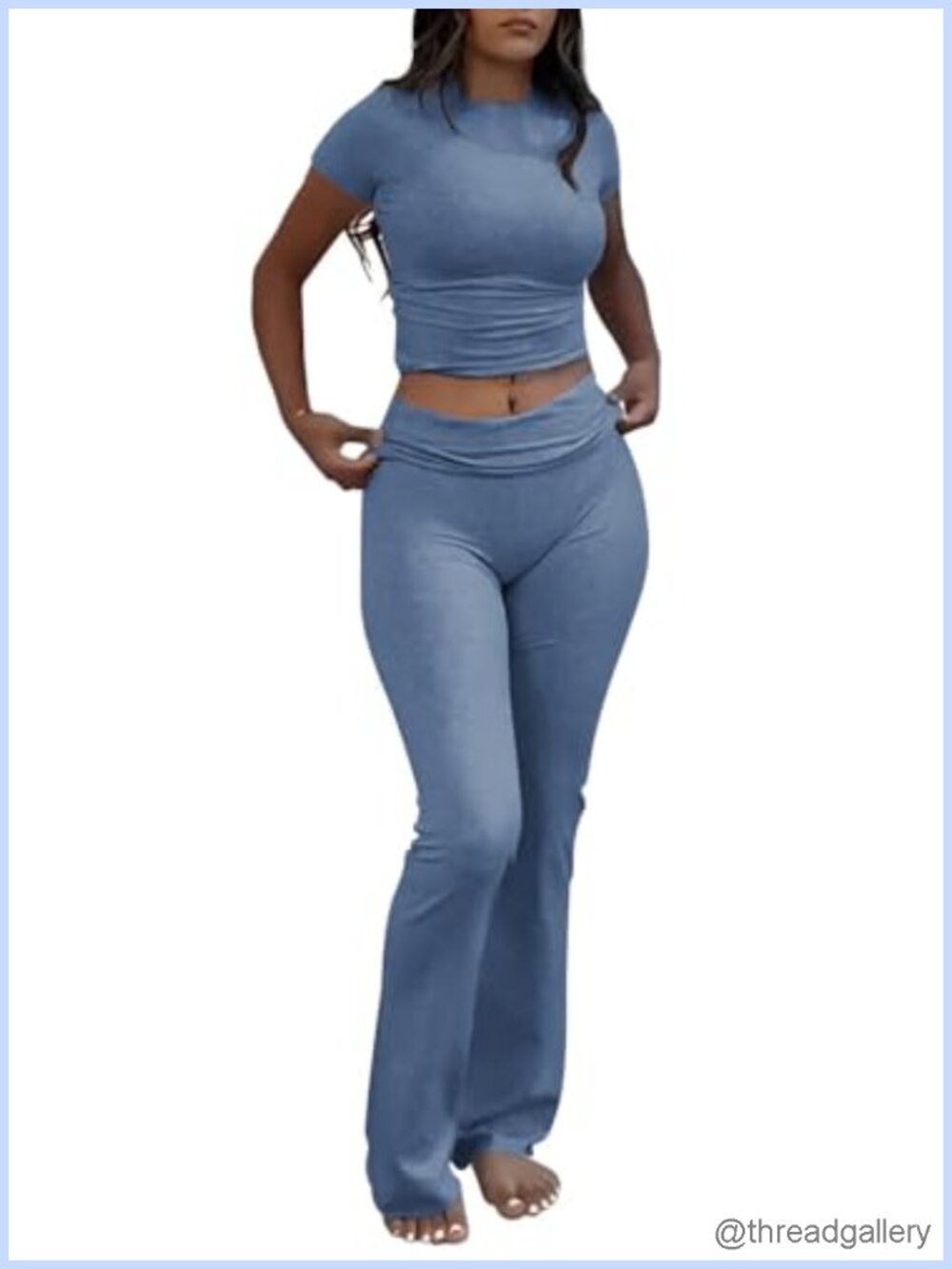 Womens 2 Piece Outfit Low Rise Flare Leggings Short Sleeve Top Soft Stretchy